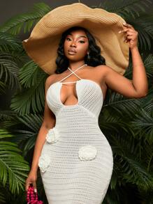SHEIN SXY Plus Size Women  Sexy Spring And Summer Vacation Style 3D Floral Decor Wrap Tie Neck Long Knitted Dress,Suitable For Early Spring, Spring And Summer, Rainforest, Beach Party, Seaside Vacation, Bonfire Party, Cool And Light, Slim Fit, Comfortable To Wear,Easy To Match&Looks Slim,Accent Your Body,Flatter The Figure - Apricot - View 6
