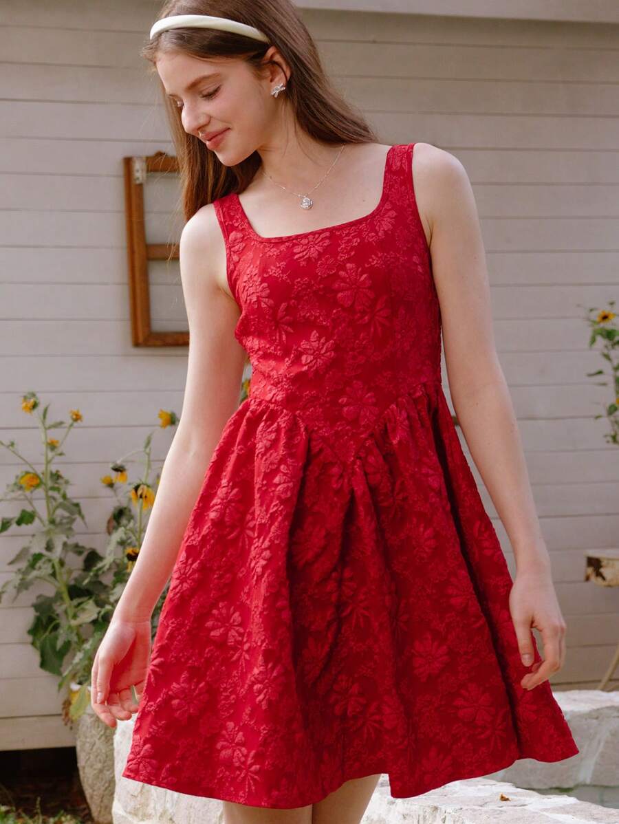 SHEIN Teen Girls Dress, Elegant Floral Strapless Texture Sleeveless Dress Red Dress, Suitable For Summer And Spring Wear, Suitable For Party And Vacation Occasions - Burgundy - View 1