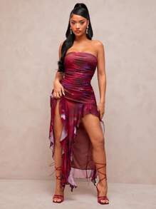 SHEIN SXY Vestido bandeau de mujer con abertura alta, volantes y estampado de teñido anudado - Gris - Ver 1