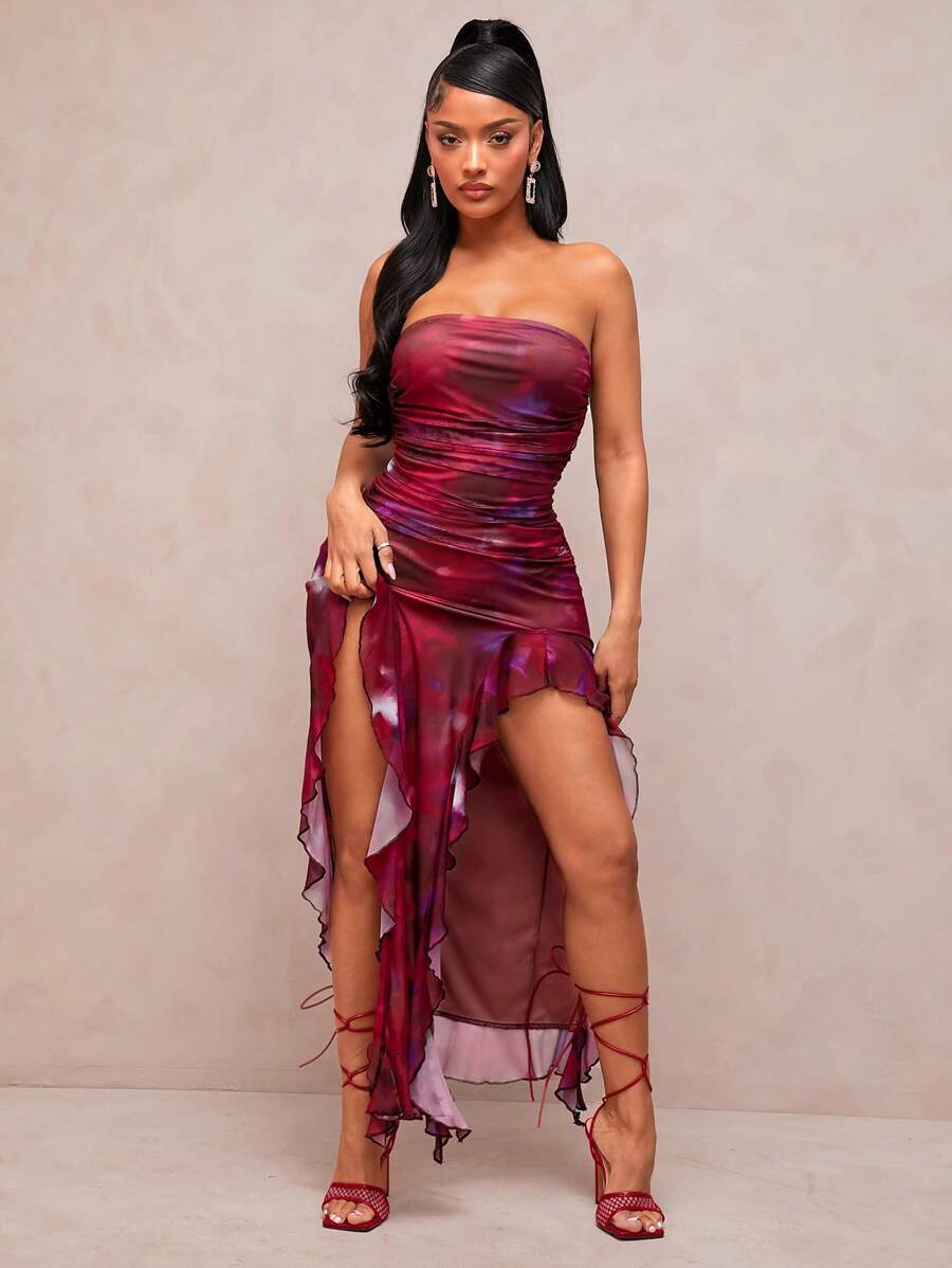 SHEIN SXY Vestido bandeau de mujer con abertura alta, volantes y estampado de teñido anudado - Gris - Ver 1