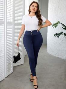 SHEIN Clasi 2pcs/Set Plus Size Elegant Solid Color Button Decor Leggings