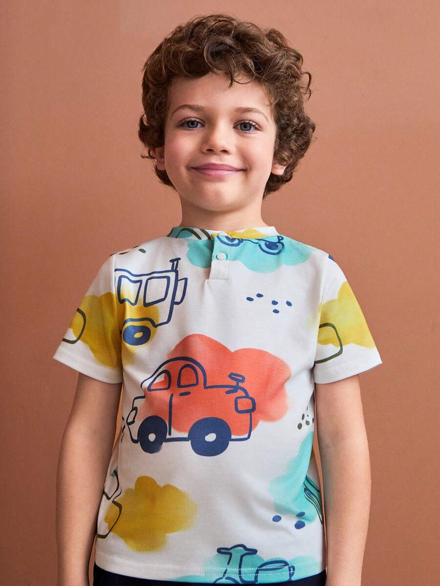 SHEIN Young Boys Colorful Cute Car Graphic Print Stripe T-Shirt - Multicolor - View 1