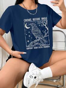 Flirla Áo thun in hình chữ Bird&Moon thời trang cỡ lớn cho nữ Áo thun thường ngày họa tiết in hình chim và mặt trăng - Màu xanh hải quân - Xem 3