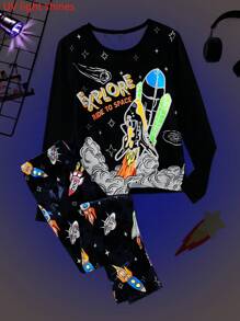 2pcs/Set Teen Boys Rocket & Aerospace Glow In The Dark Print Pants, Skinny Fit Tie Dye Pajamas Set - Black - View 3