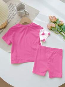 SHEIN 2pcs Young Girls Casual Rabbit Print Short Sleeve T-Shirt And Shorts Set, Comfortable & Minimalist Design, Suitable For Spring & Summer