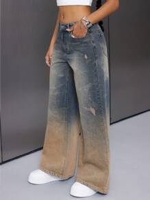INAWLY Women's Fashion Vintage Wash Ombre Low-Rise Wide Leg Pants - Blue - View 4
