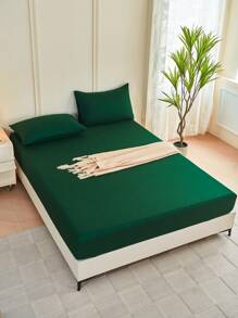 1 pieza Sábana ajustada de color verde oscuro, protector de colchón, funda de colchón para cama, sábana, suave y transpirable, para cama de todos los tamaños - Twin, Full, King, Queen con bolsillo profundo de hasta 30 cm. Textil para el hogar