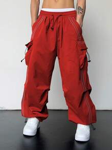Manfinity Hypemode Men's Drawstring Waist Striped Cargo Loose Casual Pants - Red - View 4