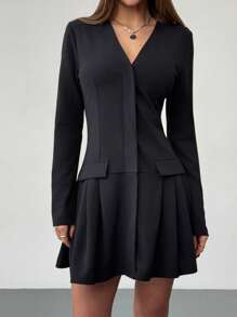 Aloruh 黑色 V 领长袖短款上衣套装，美人鱼风格办公室穿着 - 黑色 - 查看 4