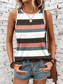 SHEIN LUNE Casual Striped Pattern Round Neck Tank Top For Women, Suitable For Summer - Multicolor - View 3