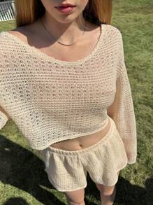 SHEIN EZwear Apricot Casual Knitted Women 2 Pieces Set, Simple Solid Color Long Sleeve Top And Shorts