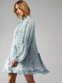 MISSGUIDED Vestido mini de volantes estilo victoriano con mangas globo, fruncido, floral, para té de primavera-verano, estilo dulce para dama de honor y vestido de invitada de boda - Celeste - Ver 6