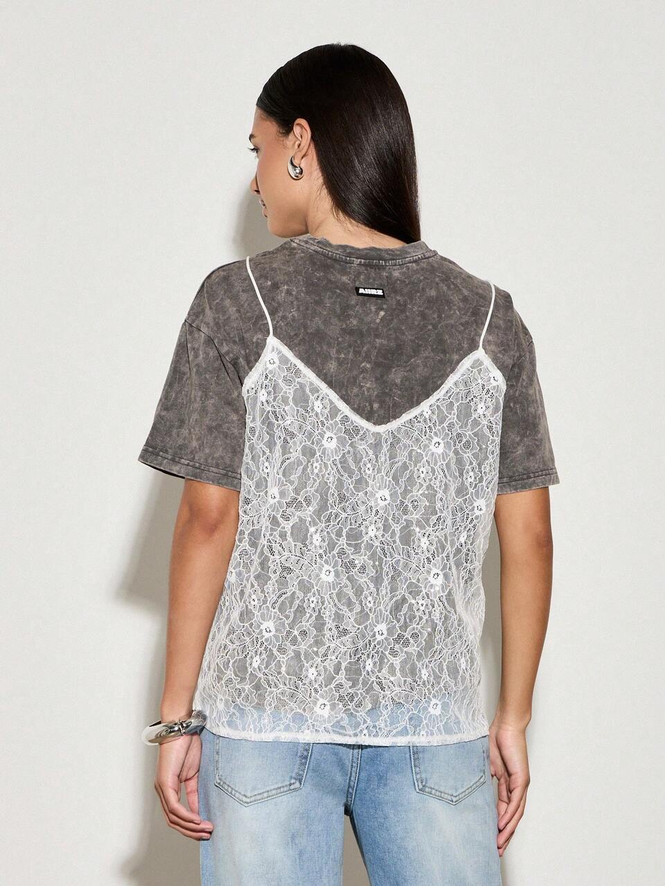 Layered Two-Piece Top Set Sheer Lace Cami Washed T-Shirt