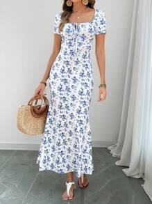 EMERY ROSE Women Floral Allover Print Tie-Front Short Sleeve Casual Dress