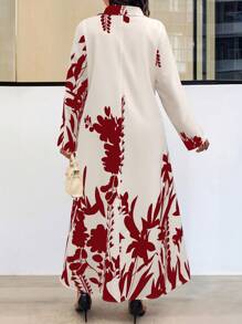 Elenzga Đầm Maxi In Họa Tiết Tay Dài Cài Nút Phía Trước Cỡ Lớn, Trang Phục Maxi In Họa Tiết Ngẫu Nhiên Cho Nữ - Màu Đỏ Sâu - Xem 2