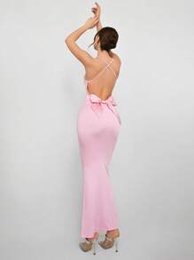 Aloruh Vestido largo de unicolor con lazo en la espalda y adorno, informal y elegante para uso diario, vestidos de primavera para mujeres, vestidos de graduación, bodas casuales, vestidos de vacaciones, vestidos de carnaval - Rosa - Ver 2