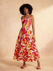 Slaydiva Nuevo vestido largo de verano y primavera informal de vacaciones con estampado de planta y multicapa - Blanco - Ver 4