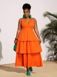 Slaydiva Plus Size Women's Orange Summer Beach Dress,Halter Hollow-Out Multilayer Ruffle Hem Waisted Midi Dress For Holiday,Vacation & Casual Styles - Orange - View 6