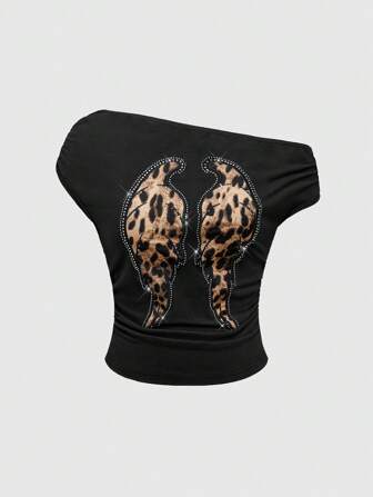 Maglietta da donna con taglio sulla spalla, stampa leopardata vintage nello stile Y2K, toppe di strass
