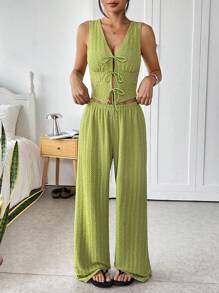 SHEIN EZwear Summer Green Textured Knit Tie-Up Camisole And Pants Set - Green - View 6