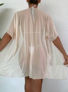 SHEIN Swim Salida de baño de mujer para vacaciones, kimono de malla transparente - Albaricoque - Ver 2