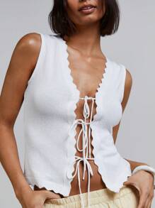 Athîral Women Plain Sleeveless Scallop Trim Tie Front Camisole, Vacation Wear