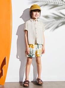 SHEIN Young Boys Beige Plant Print Elastic Waist Loose Sweatshirt Fabric Shorts Casual Holiday Style, Outdoor Sports Style - Beige - View 1