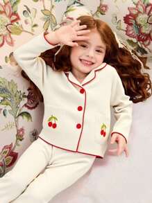 SHEIN 2pcs/Set Young Girl' Minimalist Cute Apricot Cherry Embroidered Long Pants And Loose Long Sleeve Homewear Set