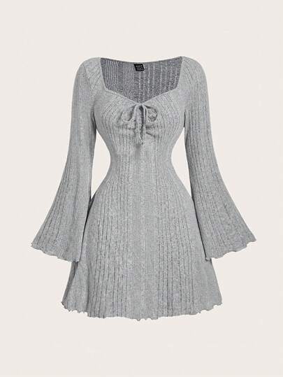 SHEIN MOD Women's Solid Color Sweetheart Neckline Tie Front Bell Sleeve Mini Dress