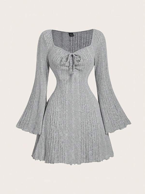 SHEIN MOD Women's Solid Color Sweetheart Neckline Tie Front Bell Sleeve Mini Dress