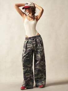 Bohemela Pantalones de mujer de pierna ancha con estampado de camuflaje, de cintura baja y bolsillos tipo cargo