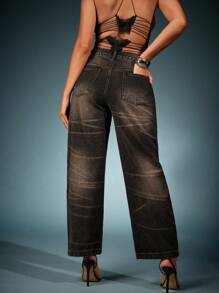 Denimoi Jeans mit Fassbeinen, offenem Reißverschluss und Waschung - Schwarz - Übersicht 2