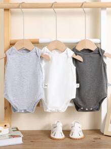 SHEIN Set de 3 piezas de peleles sin mangas de punto suave de cuello redondo de unicolor para recién nacido niño/niña - Gris - Ver 3