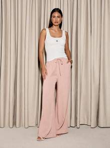AiiRZ Luxury Linen Wide Leg Palazzo Pants Drawstring Waist Resort Wear Vacation Beach Lounge Flowing Summer Casual Trousers With Pockets - Pink - View 3