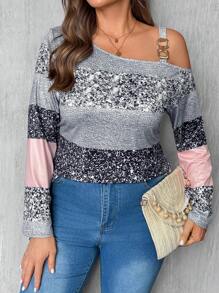 SHEIN LUNE Plus Size Women's Fashionable Casual Multi-Color Printed One Shoulder Long Sleeve T-Shirt, Spring/Summer - Multicolor - View 3