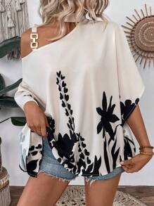 Breezaya Women's Holiday Chain Asymmetric Neck Print Shirt (Flower Pattern Random Cut) - Apricot - View 1