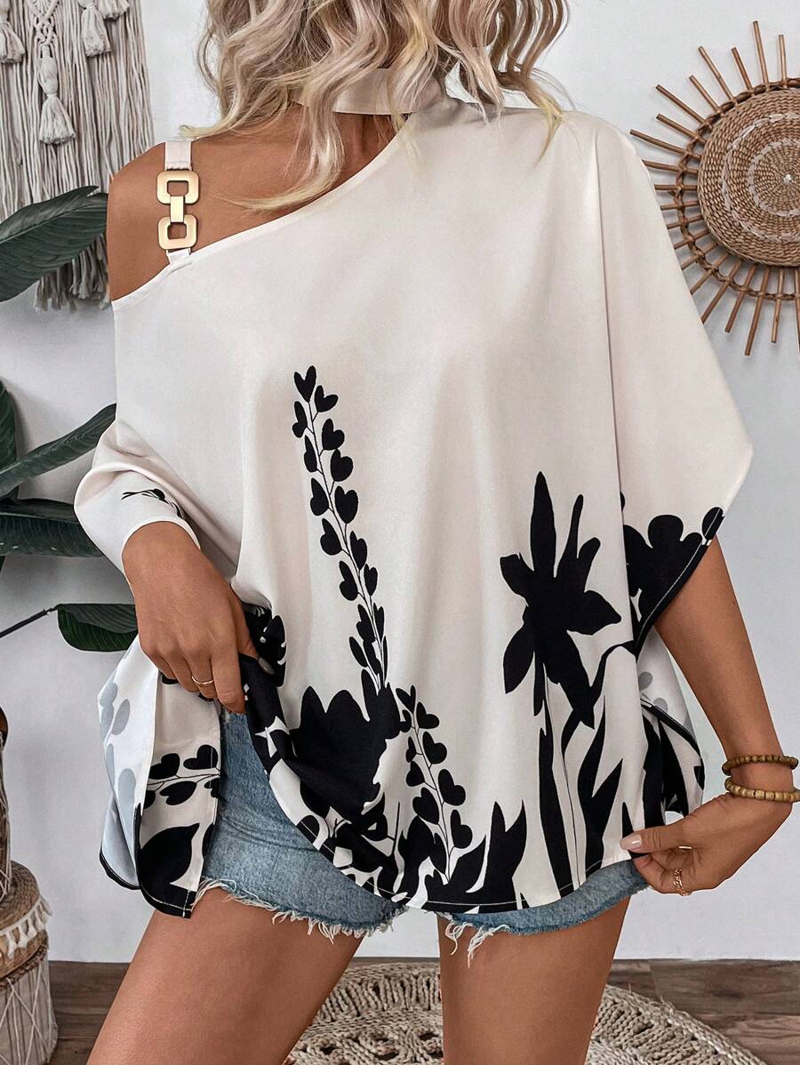 Breezaya Women's Holiday Chain Asymmetric Neck Print Shirt (Flower Pattern Random Cut) - Apricot - View 1