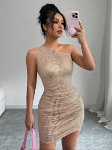 Rafferiza 时尚迷人性感优雅无袖亮片紧身连衣裙 - 香檳色 - 查看 5