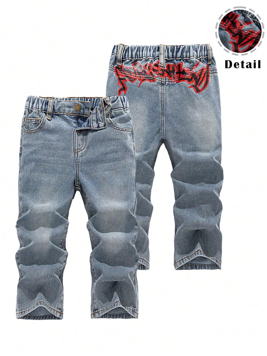 SHEIN Young Boy Distressed Washed Red Graffiti Pattern Retro Baggy Blue Denim Pants,For Kids Spring/Summer Clothes Outfits And Streetwear Outfits - Light Wash - View 1
