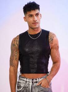 FeverCity Men's Embossed Crocodile Pattern Side Criss-Cross Binding Sleeveless Short Tight Tank Top - Black - View 5