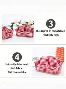 SHEIN 1pc 1:12 Mini Furniture Country Style Red & White Plaid Sofa Model Toy Christmas Decor,Doll Couch,Doll House Decor,Sylvanian Families