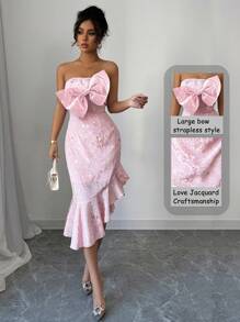 Elenzga Front 3D Bow Decor Asymmetric Ruffle Trim Waist Cinched Dress - Pink - View 2
