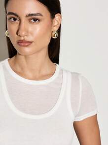 AiiRZ Double Layer Sheer Mesh Crop T-Shirt Summer Basic Layered Short Sleeve Casual Round Neck See Through Tee Fashion Streetwear Y2K Top - White - View 4