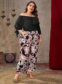 SHEIN VCAY Plus Size 2Pcs Set: Solid Color Off Shoulder Top And Floral Print Pants, Casual Vacation Outfit - Pink - View 4