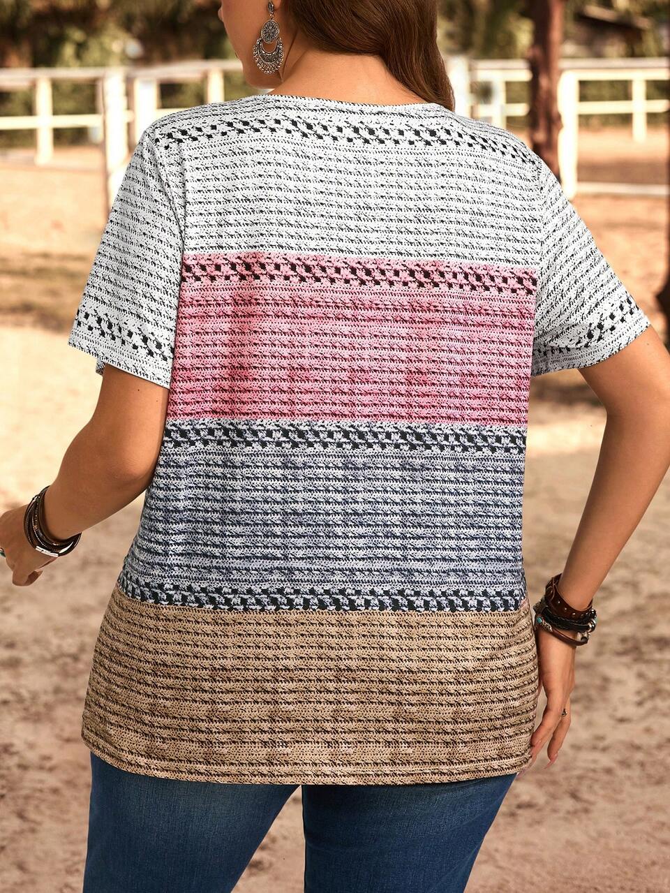 Plus Size Casual Colorblock Striped Short Sleeve T-Shirt, Vacation Style, Suitable For Summer, Country Women, Western Wear Tunic Top, Spring