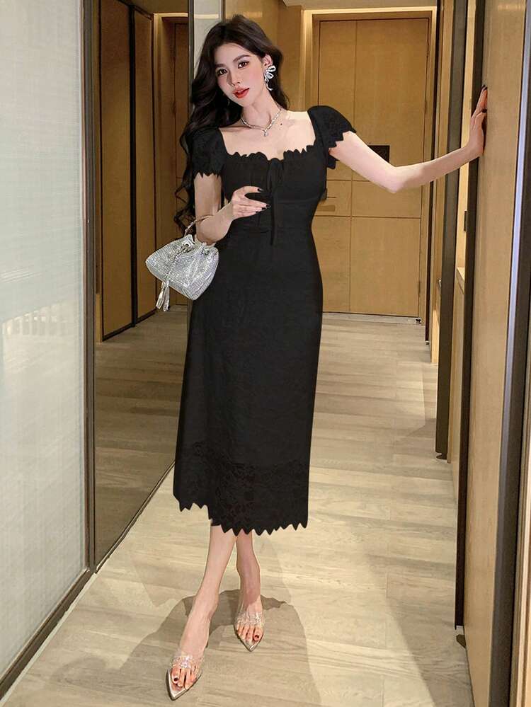 Women Elegant Solid Color Lace Midi Dress,Dress For Wedding