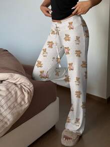 SHEIN EZwear Teddy Bear Applique Drawstring Waist Wide Leg Yoga Pants, Suitable For Summer Suitable For Going Out Fall Clothes Winter Clothes - Multicolor - View 4