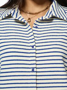 MISSGUIDED Striped Terry Cloth Button Down Oversized Short Sleeve Summer Beach Cover Up Resort Lounge Shirt Towelling Blouse - Blue - View 4