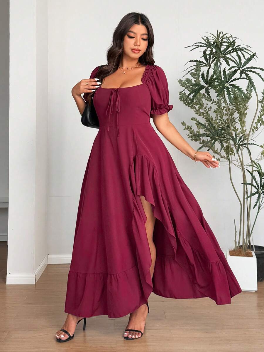 SHEIN LUNE Plus Size Women's Red Irregular Hem Short Sleeve Sexy Dress - Burgundy - View 1
