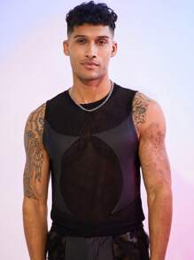FeverCity Men's Elastic Leather & Mesh Splice Tight Tank Top - Black - View 1
